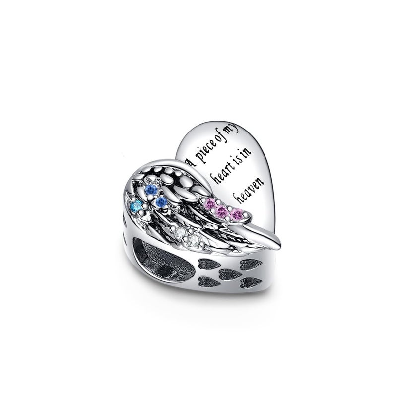 QeenseKc Angel Wing Heart Charm CZ Bead Compatible with Pandora Bracelet Engraved A Piece of My Hearts is in Heaven - Image 2