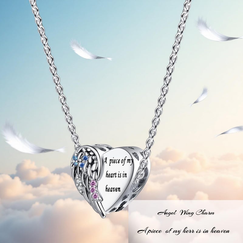 QeenseKc Angel Wing Heart Charm CZ Bead Compatible with Pandora Bracelet Engraved A Piece of My Hearts is in Heaven - Image 5