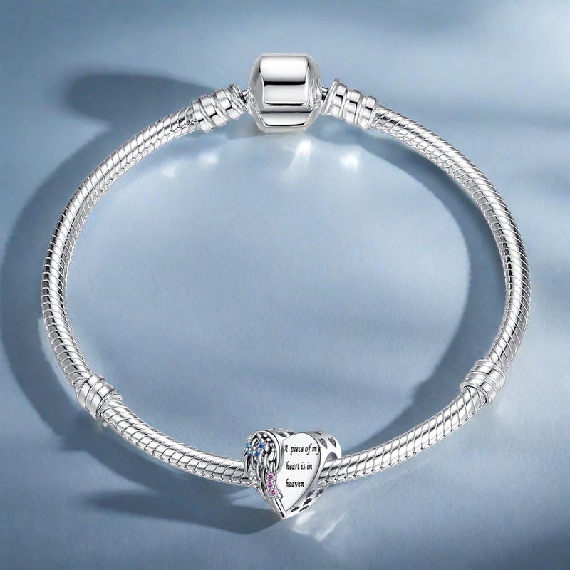 QeenseKc Angel Wing Heart Charm CZ Bead Compatible with Pandora Bracelet Engraved A Piece of My Hearts is in Heaven - Image 3