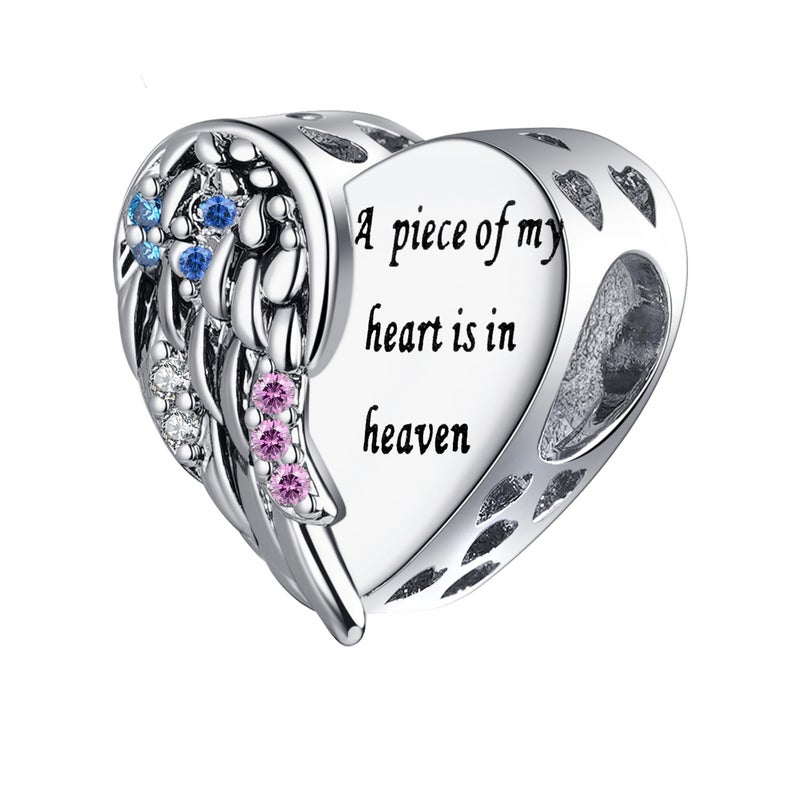 QeenseKc Angel Wing Heart Charm CZ Bead Compatible with Pandora Bracelet Engraved A Piece of My Hearts is in Heaven - Image 1