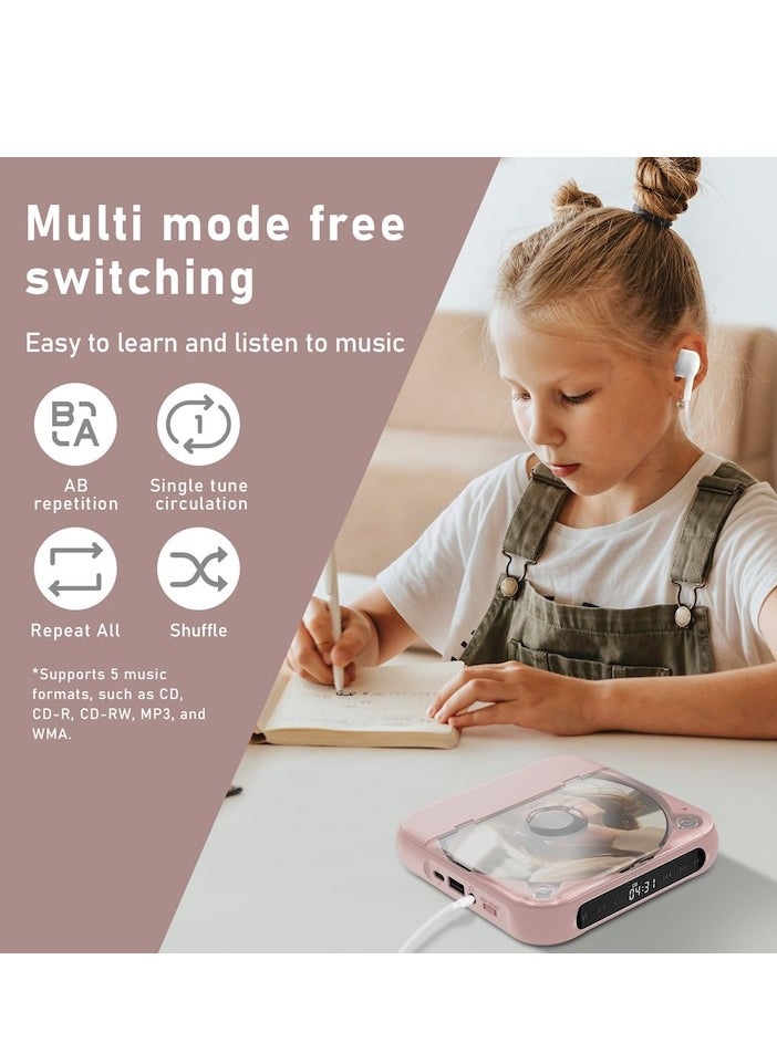 XiuWoo - Portable CD Player, Bluetooth, with headphones, rechargeable, Desktop CD Player with LCD Touch Screen, shockproof mode, Rechargable Personal CD Players for Car, pink - Image 1
