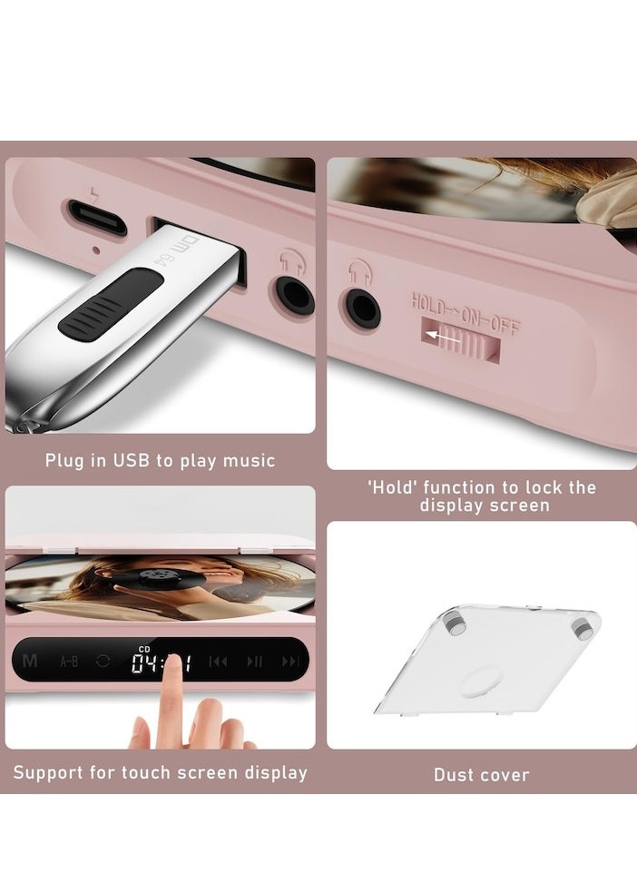 XiuWoo - Portable CD Player, Bluetooth, with headphones, rechargeable, Desktop CD Player with LCD Touch Screen, shockproof mode, Rechargable Personal CD Players for Car, pink - Image 1
