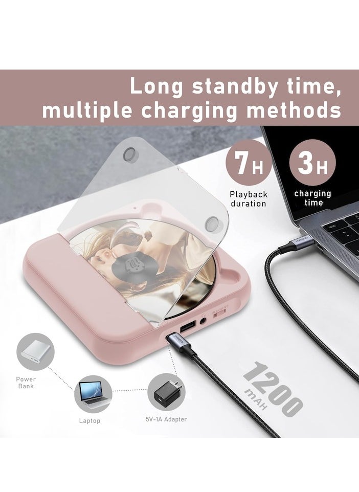 XiuWoo - Portable CD Player, Bluetooth, with headphones, rechargeable, Desktop CD Player with LCD Touch Screen, shockproof mode, Rechargable Personal CD Players for Car, pink - Image 1