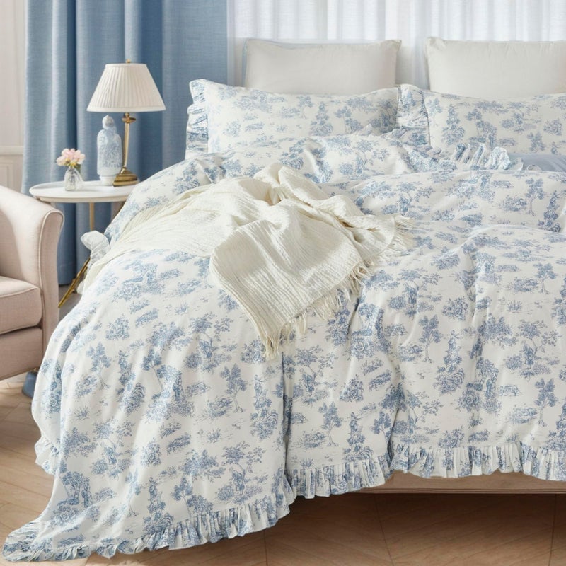 Brandream French Country Garden Toile Floral Duvet Quilt Cover King Size 100% Cotton Bedding Set Toile Tapestry Pattern Blossom Tree Branches Delicate Ruffle Fringe Design - Image 4