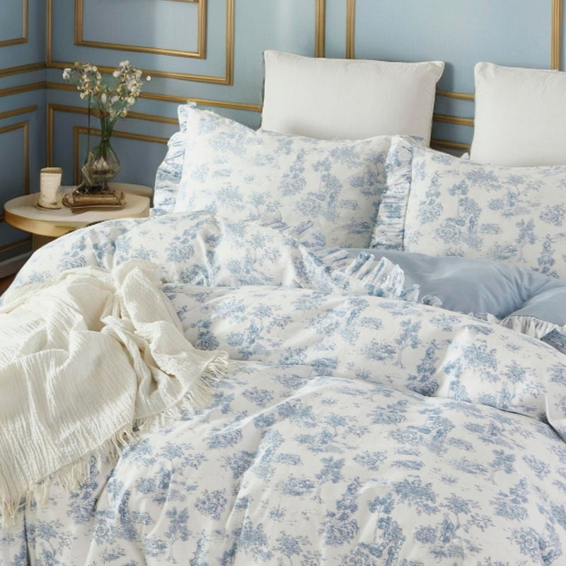 Brandream French Country Garden Toile Floral Duvet Quilt Cover King Size 100% Cotton Bedding Set Toile Tapestry Pattern Blossom Tree Branches Delicate Ruffle Fringe Design - Image 2