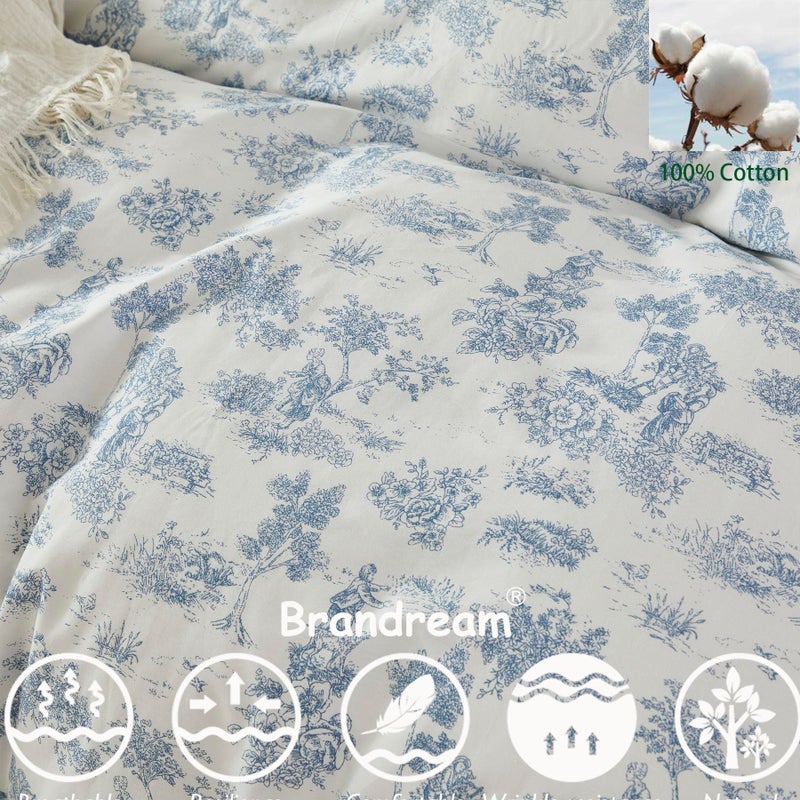 Brandream French Country Garden Toile Floral Duvet Quilt Cover King Size 100% Cotton Bedding Set Toile Tapestry Pattern Blossom Tree Branches Delicate Ruffle Fringe Design - Image 5