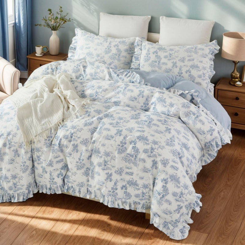 Brandream French Country Garden Toile Floral Duvet Quilt Cover King Size 100% Cotton Bedding Set Toile Tapestry Pattern Blossom Tree Branches Delicate Ruffle Fringe Design - Image 3