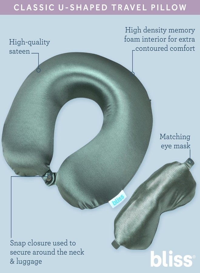 Bliss Neck Pillow Set - Lightweight U-Shaped Memory Foam Satin Travel Neck Pillow with Snap Closure and Matching Eye Mask for Airplane, Car, Office, and Camping, Size One Size, Spiral Sage - Image 4