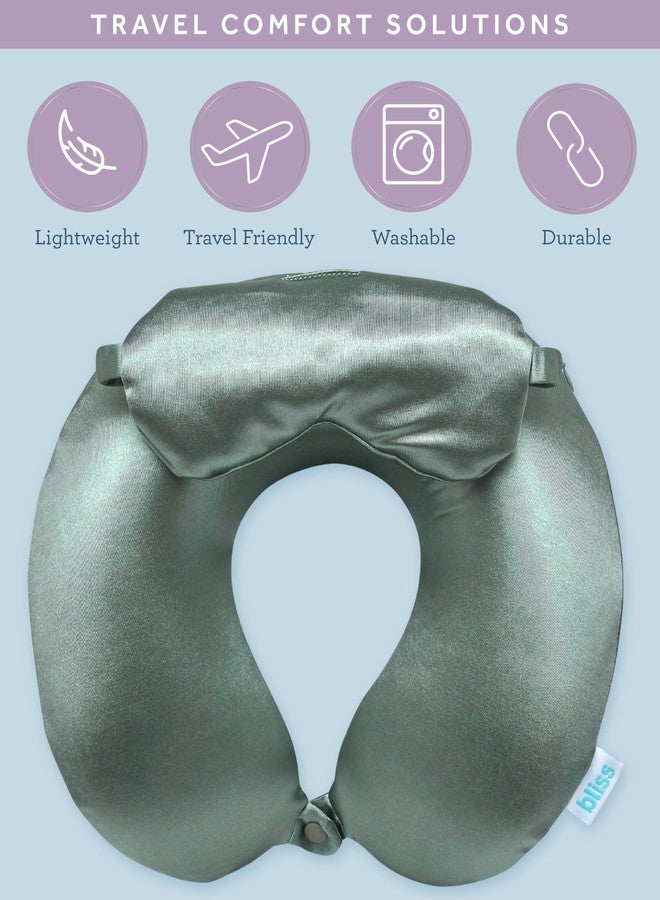 Bliss Neck Pillow Set - Lightweight U-Shaped Memory Foam Satin Travel Neck Pillow with Snap Closure and Matching Eye Mask for Airplane, Car, Office, and Camping, Size One Size, Spiral Sage - Image 2