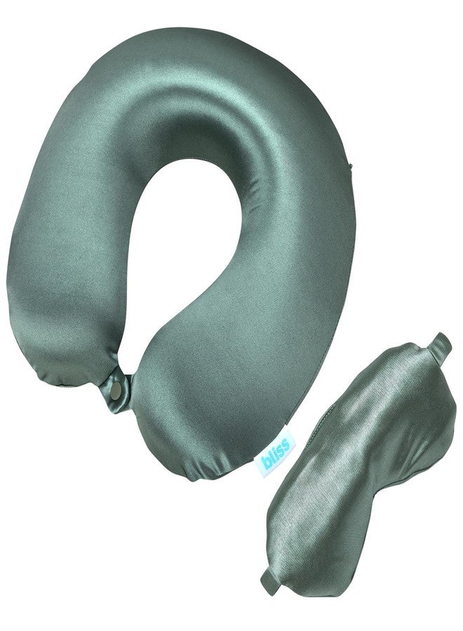 Bliss Neck Pillow Set - Lightweight U-Shaped Memory Foam Satin Travel Neck Pillow with Snap Closure and Matching Eye Mask for Airplane, Car, Office, and Camping, Size One Size, Spiral Sage - Image 1