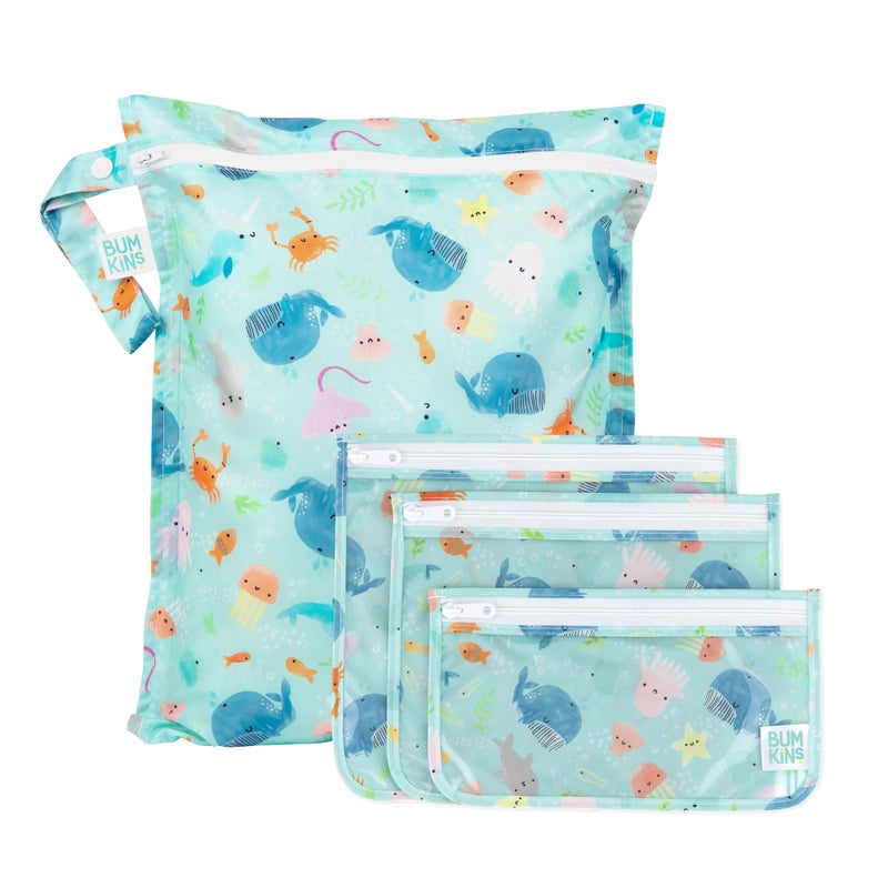 Bumkins - Waterproof Wet Bag & Clear Travel Bags - For Beach, Baby, Travel, Swim Suit, Cloth Diapers, Pump Parts, Pool, Gym, Toiletries - Reusable & Easy to Clean - Ocean Life Blue - 4 Pack - Image 1