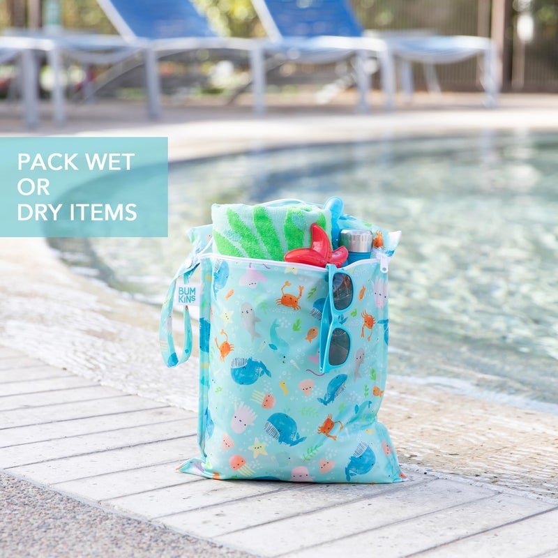 Bumkins - Waterproof Wet Bag & Clear Travel Bags - For Beach, Baby, Travel, Swim Suit, Cloth Diapers, Pump Parts, Pool, Gym, Toiletries - Reusable & Easy to Clean - Ocean Life Blue - 4 Pack - Image 4