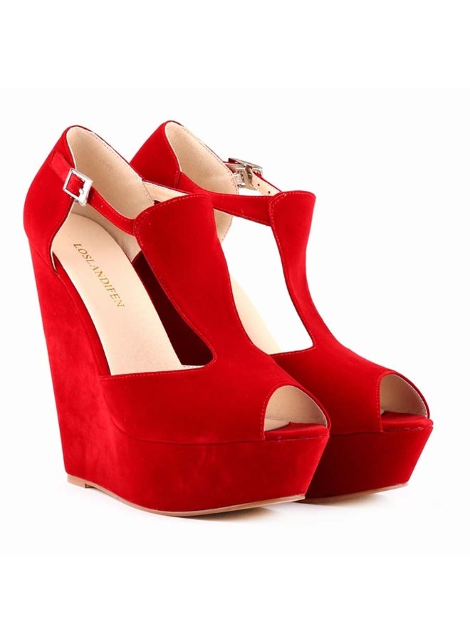 Wedge high-heel suede platform fish-mouth plus-size sandals 14cm Red