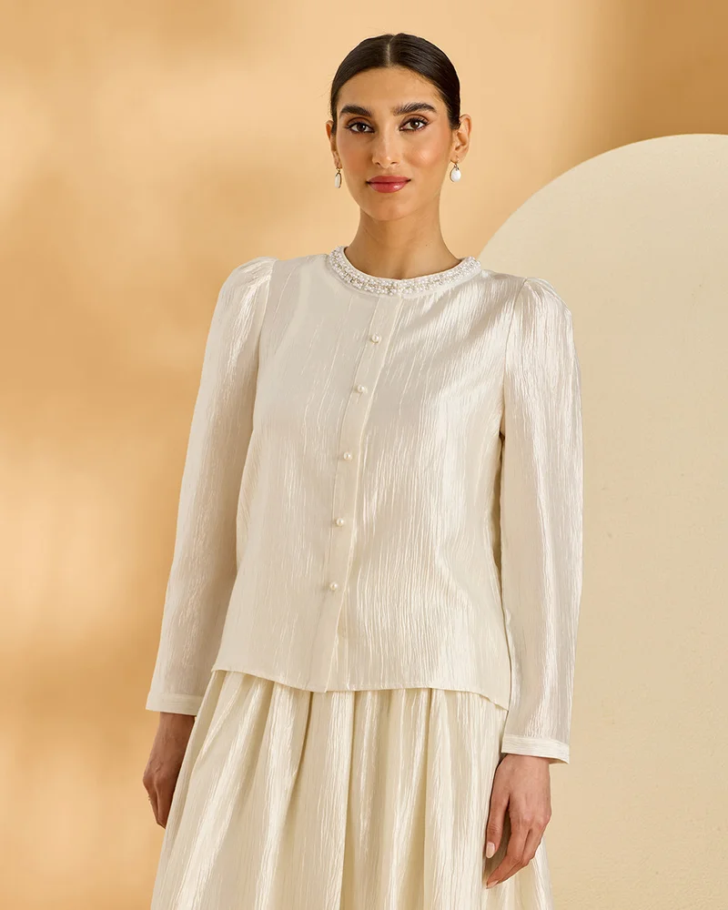 Redtag Women White Pearl Trim Blouse