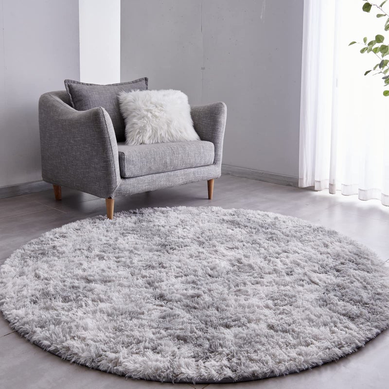 FJZFING TieDyed Light Grey Round Rug UltraSoft Plush Modern 6x6 Circle Area Rug for Kids Bedroom Fluffy Shag Circular Rug for Nursery Room NonSlip TieDyed Light Grey Rug for Teens Room