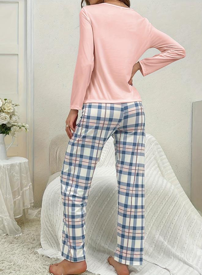 Take Two Patch Detail T-Shirt and Checked Pyjama Set - Image 5