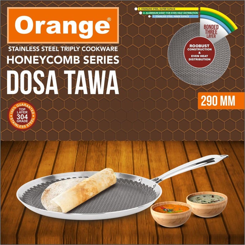 Orange Triply Stainless Steel Non-Stick Honeycomb Dosa/Uttapa Tawa 29 cm | Induction Frinedly | Cool Touch Riveted Handle | 2.5mm Thickness | Metal Spoon Friendly | 5Year Warranty - Image 2
