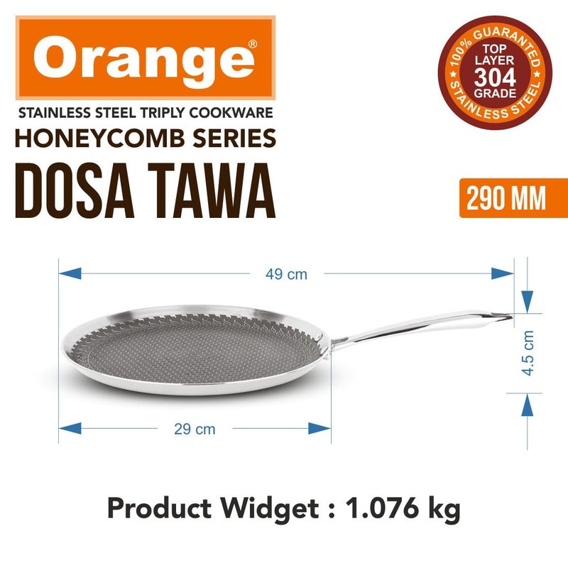 Orange Triply Stainless Steel Non-Stick Honeycomb Dosa/Uttapa Tawa 29 cm | Induction Frinedly | Cool Touch Riveted Handle | 2.5mm Thickness | Metal Spoon Friendly | 5Year Warranty - Image 3