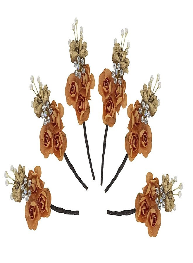 AASA Flower Juda pins for Hair Fancy Bun Making Juda pins for Hair for Women and Girls Set of 6Pcs (Orange) - Image 1