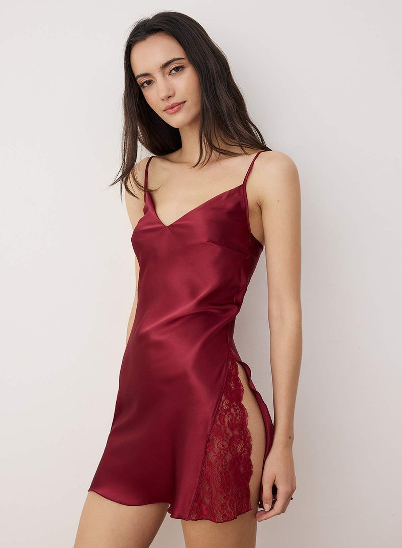 trendyol Bordo Datenl and Satin Woven Nightgown with Slit Detail - Image 3