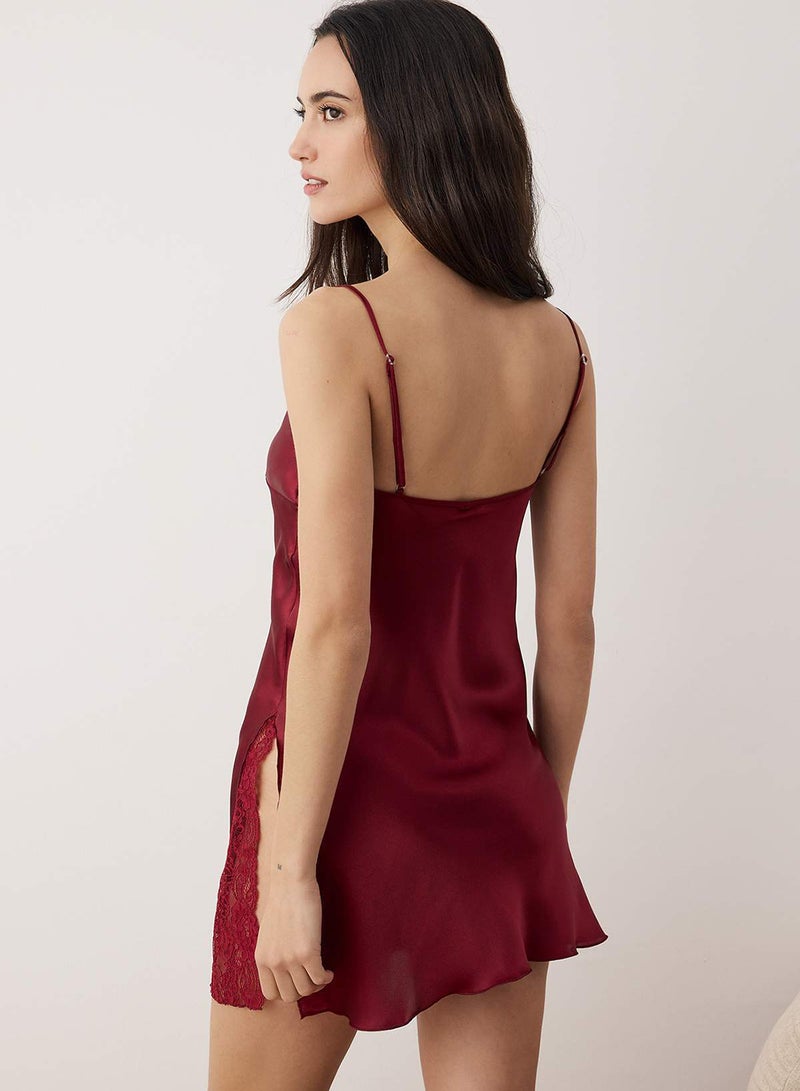 trendyol Bordo Datenl and Satin Woven Nightgown with Slit Detail - Image 4