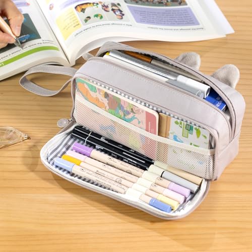 CICIMELON Cartoon Pencil Case, Large Capacity Pen Pouch with Embroidered Animal Design, School Supplies Bag for Kids, Teens, Students (Gray Dog) - Image 2