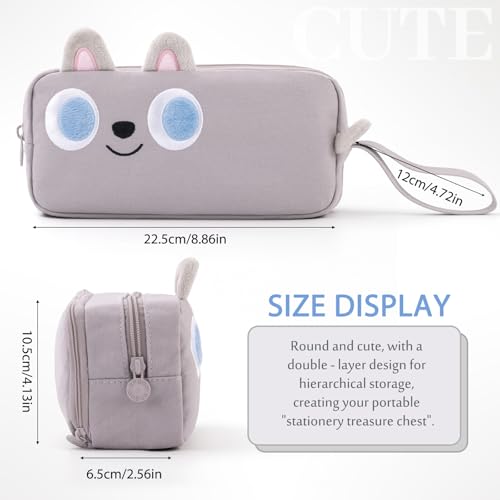 CICIMELON Cartoon Pencil Case, Large Capacity Pen Pouch with Embroidered Animal Design, School Supplies Bag for Kids, Teens, Students (Gray Dog) - Image 4