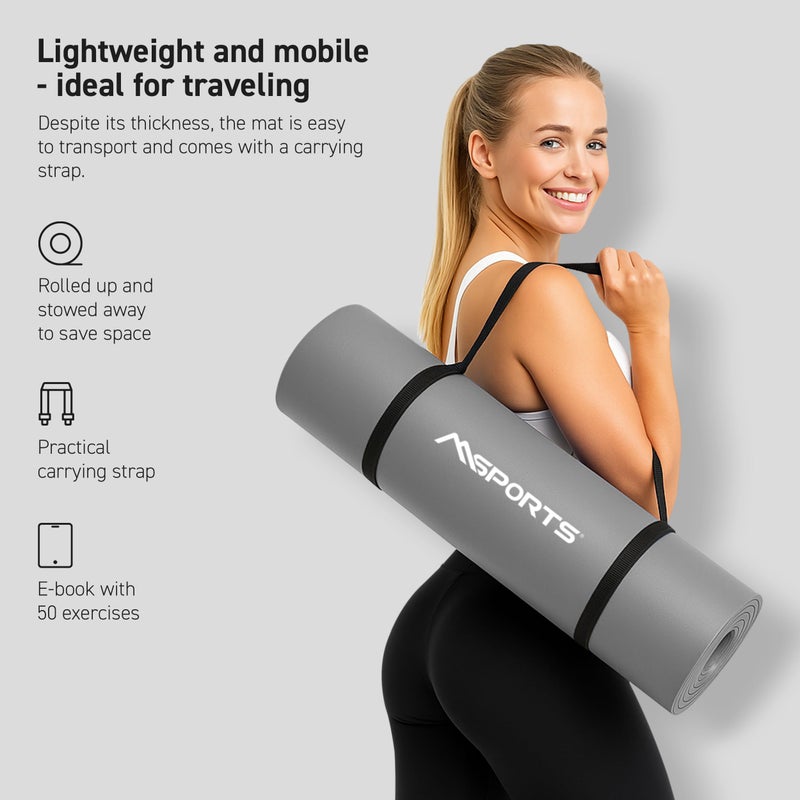 MSPORTS Thick Yoga Mat Premium Non Slip â€“ Extra Comfortable Exercise Mat for Home Workouts, Pilates, Stretching & Gym â€“ Cushioned NBR Foam, Yoga Mat with Strap, for Women & Men (Grey, 74. 5 x 32 x 0.6 in) - Image 3