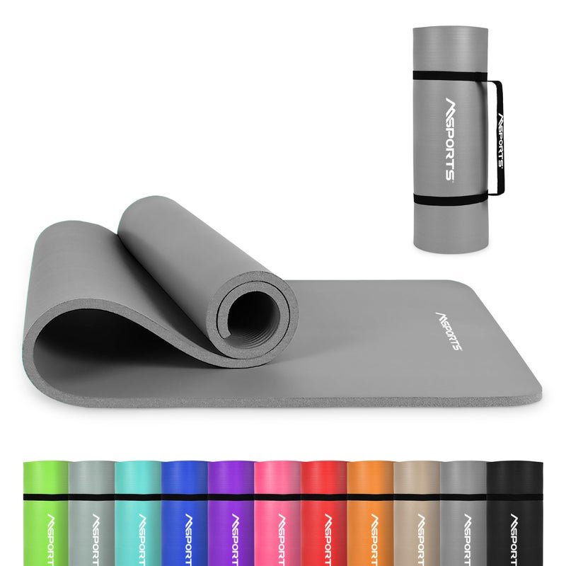 MSPORTS Thick Yoga Mat Premium Non Slip â€“ Extra Comfortable Exercise Mat for Home Workouts, Pilates, Stretching & Gym â€“ Cushioned NBR Foam, Yoga Mat with Strap, for Women & Men (Grey, 74. 5 x 32 x 0.6 in) - Image 1