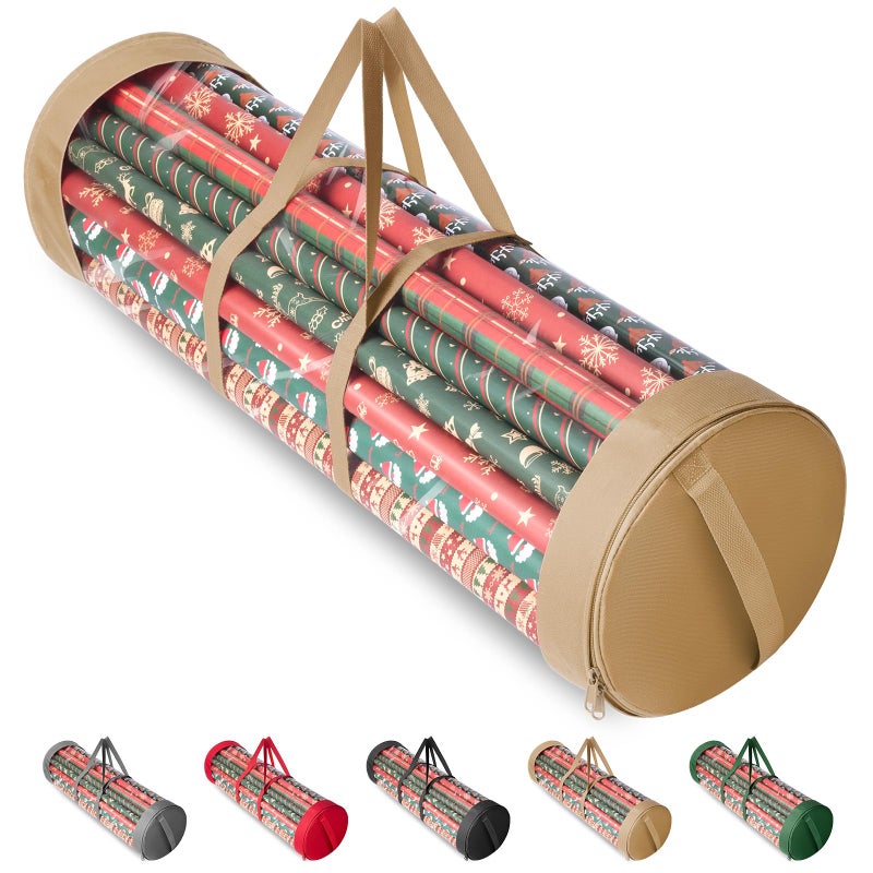 BALEINE Christmas Wrapping Paper Organizer Storage, 41" Gift Wrapping Paper Storage Containers, Clear PVC with Durable 600D Oxford Fabric Gift Wrap Paper Holder Fits 18-25 Rolls, Golden - Image 1