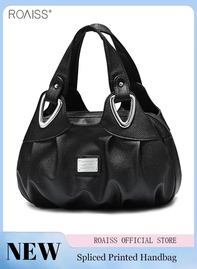 roaiss Women's PU Leather Handbag Fashion Ink Printing Pleated Large Capacity Messenger Bag - Image 1