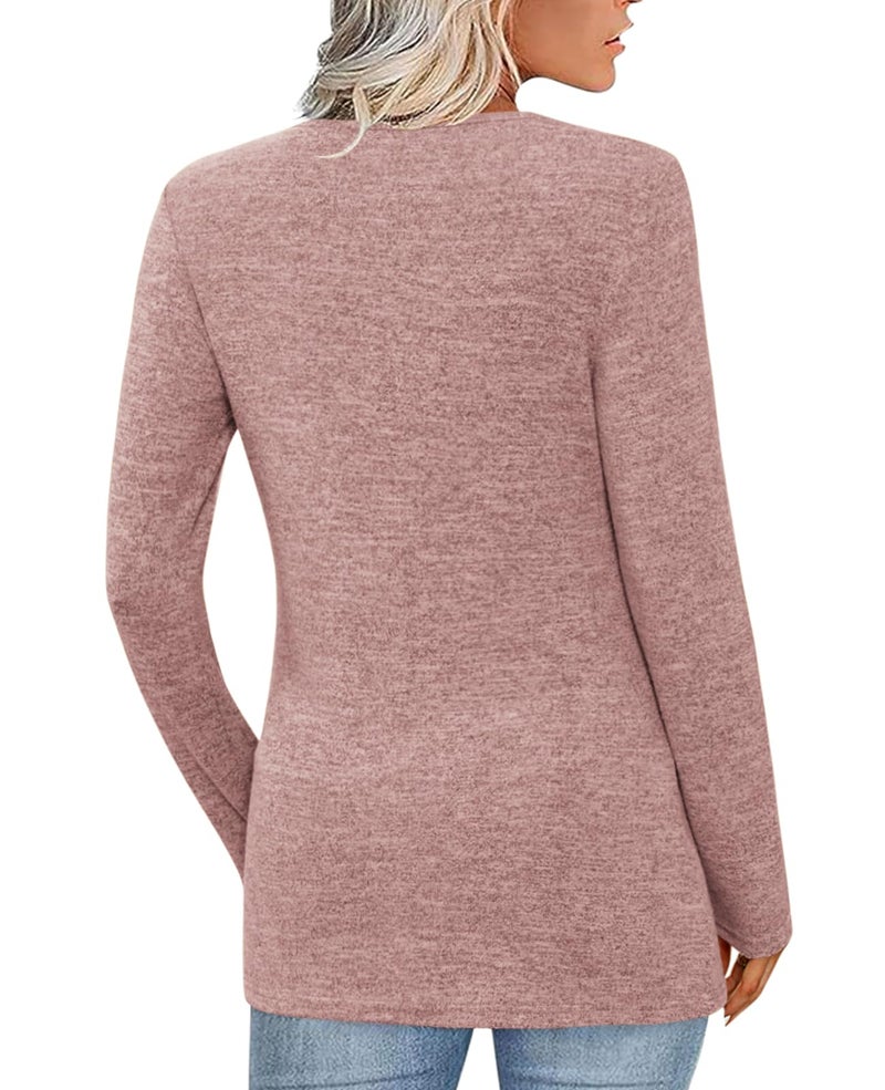 FMEYOA Women's Fall Long Sleeve Tunic Tops for Leggings V Neck Button Casual Blouse Sweatshirt(Pink,X-Large) - Image 2