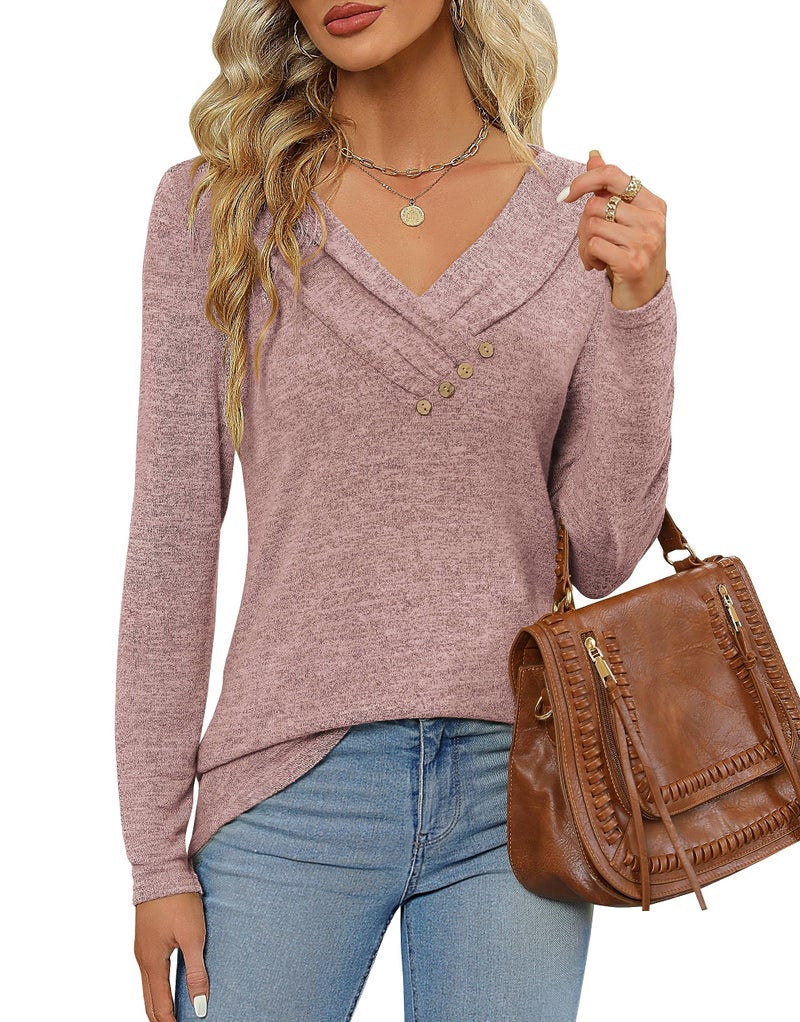 FMEYOA Women's Fall Long Sleeve Tunic Tops for Leggings V Neck Button Casual Blouse Sweatshirt(Pink,X-Large) - Image 5