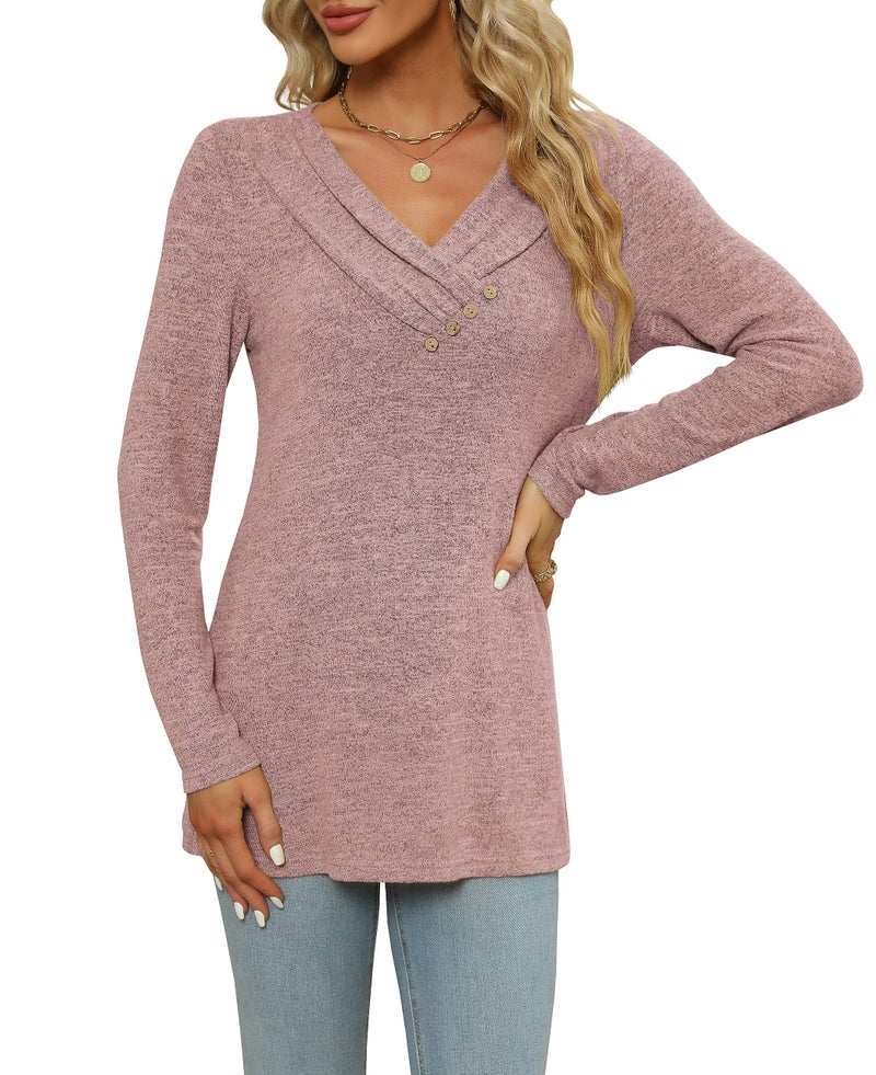 FMEYOA Women's Fall Long Sleeve Tunic Tops for Leggings V Neck Button Casual Blouse Sweatshirt(Pink,X-Large) - Image 4