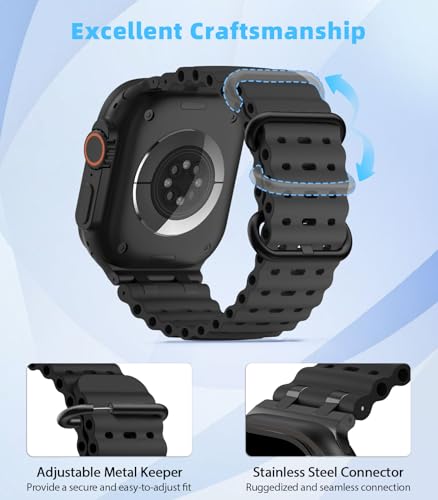 MoKo Ocean Band Compatible with Apple Watch Ultra 3/2/1 49mm, Upgraded Silicone Sports Bands 46mm 45mm 44mm for Men Women, Series 11/10/9/8/7/6/5 SE3/2/1 Breathable Strap with Metal Connector, A-Bk/Bk - Image 4