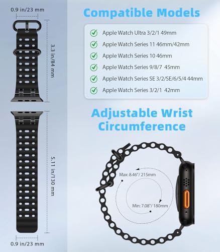 MoKo Ocean Band Compatible with Apple Watch Ultra 3/2/1 49mm, Upgraded Silicone Sports Bands 46mm 45mm 44mm for Men Women, Series 11/10/9/8/7/6/5 SE3/2/1 Breathable Strap with Metal Connector, A-Bk/Bk - Image 2