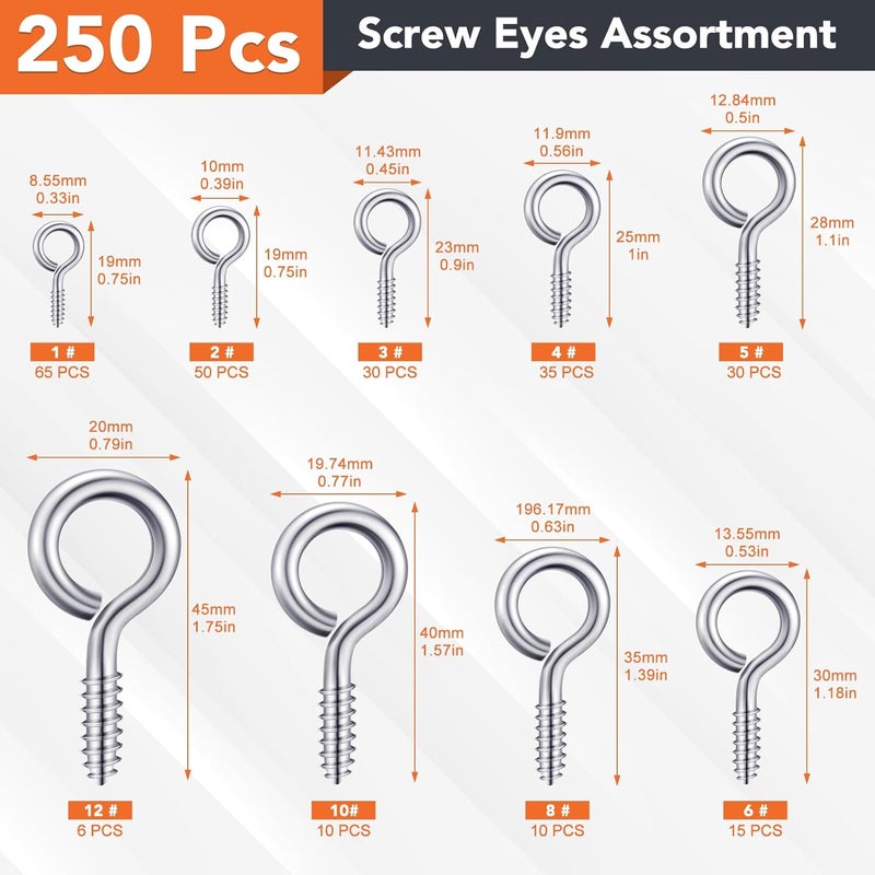Hapric 250 Pcs Eye Hook Screw, Screw Eyes 0.75"-1.75" Christmas Tree Stand Screws Eye Bolts 9 Size Heavy Duty Eyelet Screw Nickel Plated Self Tapping Screws for Picture Frame - Image 2