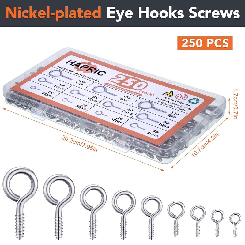 Hapric 250 Pcs Eye Hook Screw, Screw Eyes 0.75"-1.75" Christmas Tree Stand Screws Eye Bolts 9 Size Heavy Duty Eyelet Screw Nickel Plated Self Tapping Screws for Picture Frame - Image 5