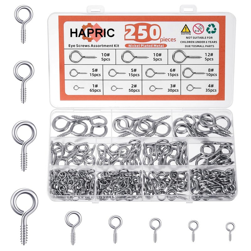 Hapric 250 Pcs Eye Hook Screw, Screw Eyes 0.75"-1.75" Christmas Tree Stand Screws Eye Bolts 9 Size Heavy Duty Eyelet Screw Nickel Plated Self Tapping Screws for Picture Frame - Image 1