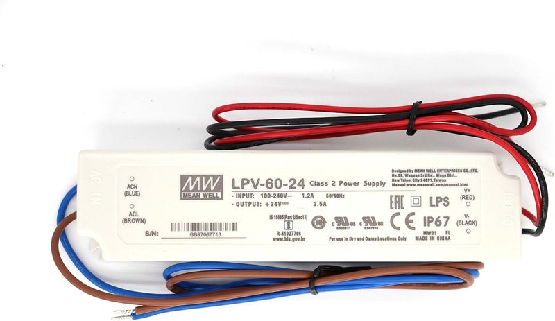 Meanwell LPV-60-24 60Watts 2.5Amp 24VDC C.V LED Driver Single Output Waterproof IP67 LED Power Supply Suitable for LED Strip Light Sealed Panel Mount - Image 1