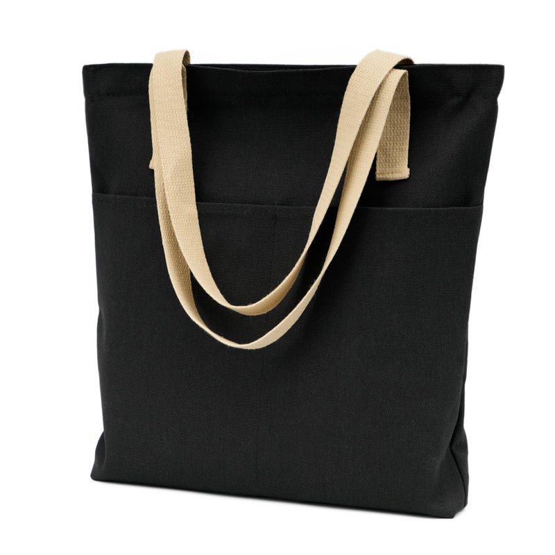 REDSINDA Canvas Aesthetic Tote Bag with Zipper and Pockets Grocery Shopping Bag Small Simple Work Tote Bag for Women Men (Black) - Image 1