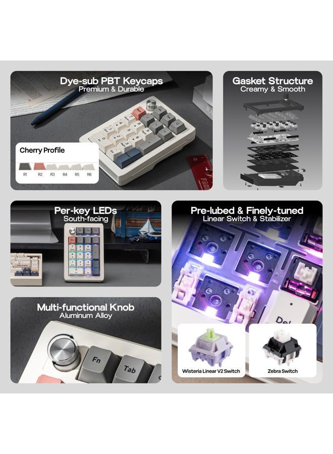 EPOMAKER EK21 VIA Gasket Number Pad with 1000mAh Battery, BT 5.0/2.4ghz/Wired Hot-Swap Numpad with Aluminum Alloy knob, Programmable for Win/Mac/Gaming (Retro White, Wisteria V2 Switch) - Image 5