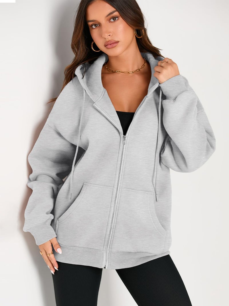 EFAN Women Zip Up Hoodies Oversized Sweatshirt Jacket 2024 Fall Fleece Cute Pullover Hooded Tops Teen Girls Casual Loose Fit Y2k Trendy Fashion Gym Clothes Outfits Grey L - Image 4