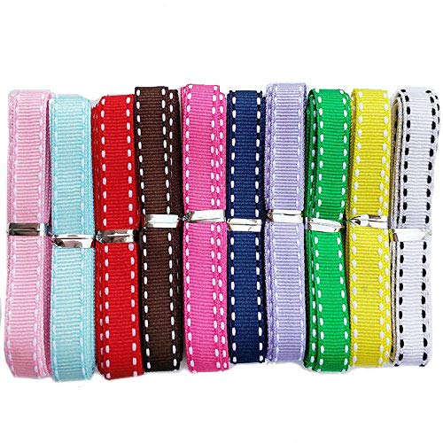 Chenkou Craft 20Yards 3/8" (10mm) Grosgrain Ribbon with White Double Edge Lines 10 Colors Assorted Bulk Lots Mix Craft Hair Bow Clips Packing - Image 1
