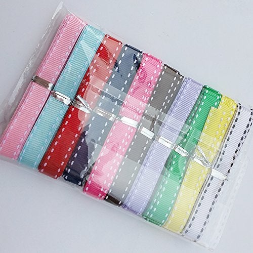 Chenkou Craft 20Yards 3/8" (10mm) Grosgrain Ribbon with White Double Edge Lines 10 Colors Assorted Bulk Lots Mix Craft Hair Bow Clips Packing - Image 3