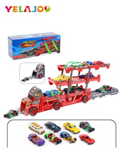 YelaJoy Transport Truck Toy, Truck Car Transporter Toy Transporter Toy Car Transport Carrier Truck Toy Car Set with 8 Pieces Mini Car Children's Birthday Children 3-12 Years Red  - Image 1