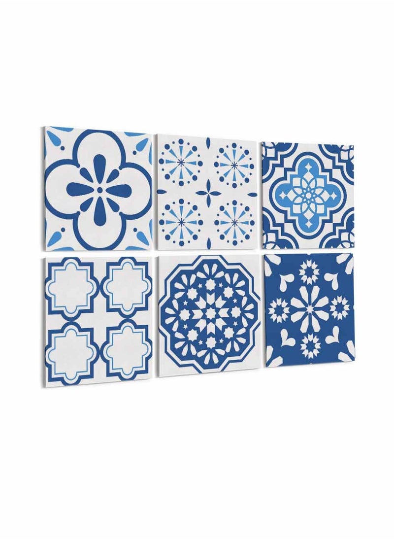 LOWHA Set Of 6 Framed Square Canvas Wall Arts Stretched Over Wooden Frame, Portuguese Azulejo Style Painting, For Home, Living Room, Office Decor  - Image 1