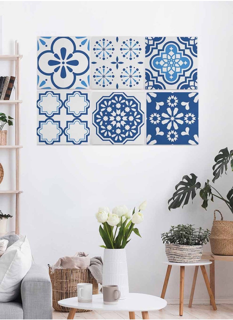 LOWHA Set Of 6 Framed Square Canvas Wall Arts Stretched Over Wooden Frame, Portuguese Azulejo Style Painting, For Home, Living Room, Office Decor  - Image 4