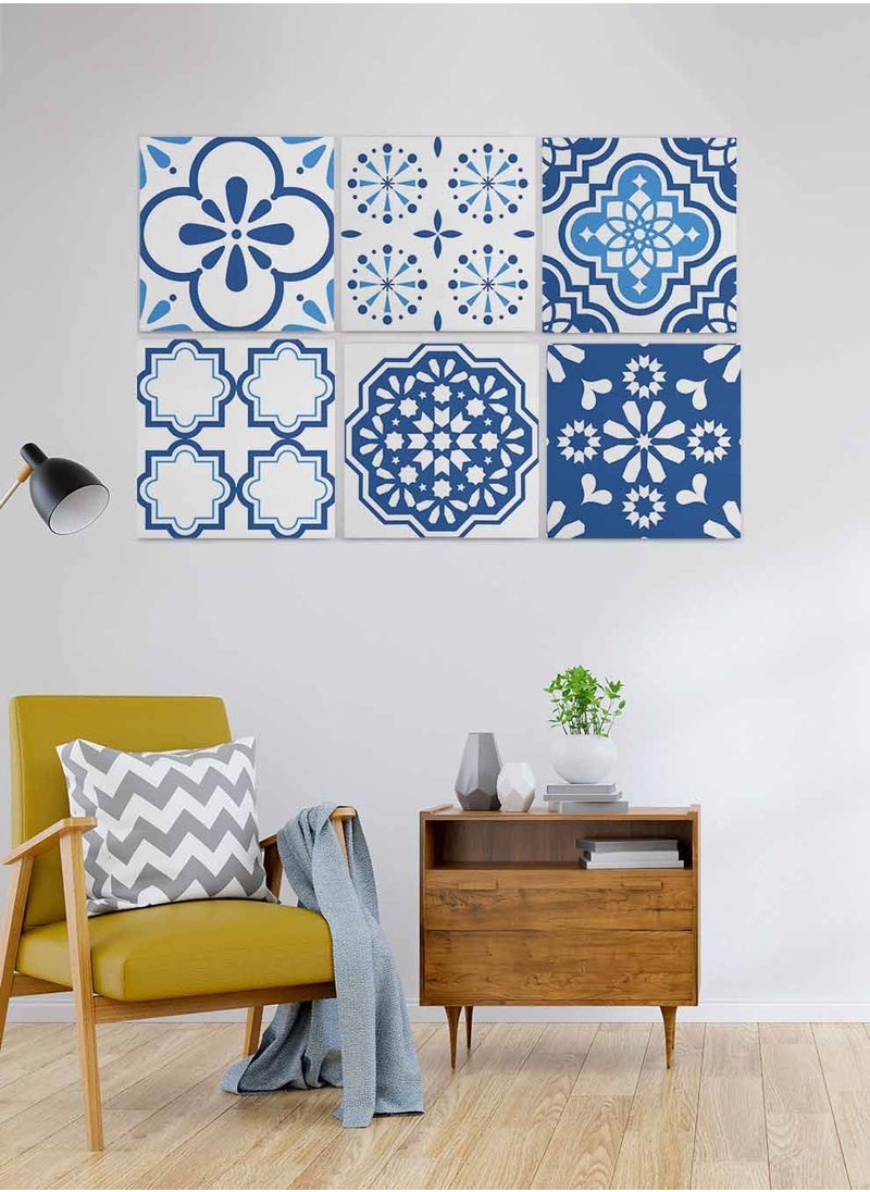 LOWHA Set Of 6 Framed Square Canvas Wall Arts Stretched Over Wooden Frame, Portuguese Azulejo Style Painting, For Home, Living Room, Office Decor  - Image 3