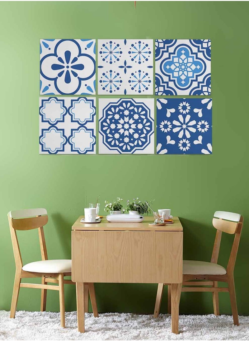 LOWHA Set Of 6 Framed Square Canvas Wall Arts Stretched Over Wooden Frame, Portuguese Azulejo Style Painting, For Home, Living Room, Office Decor  - Image 2